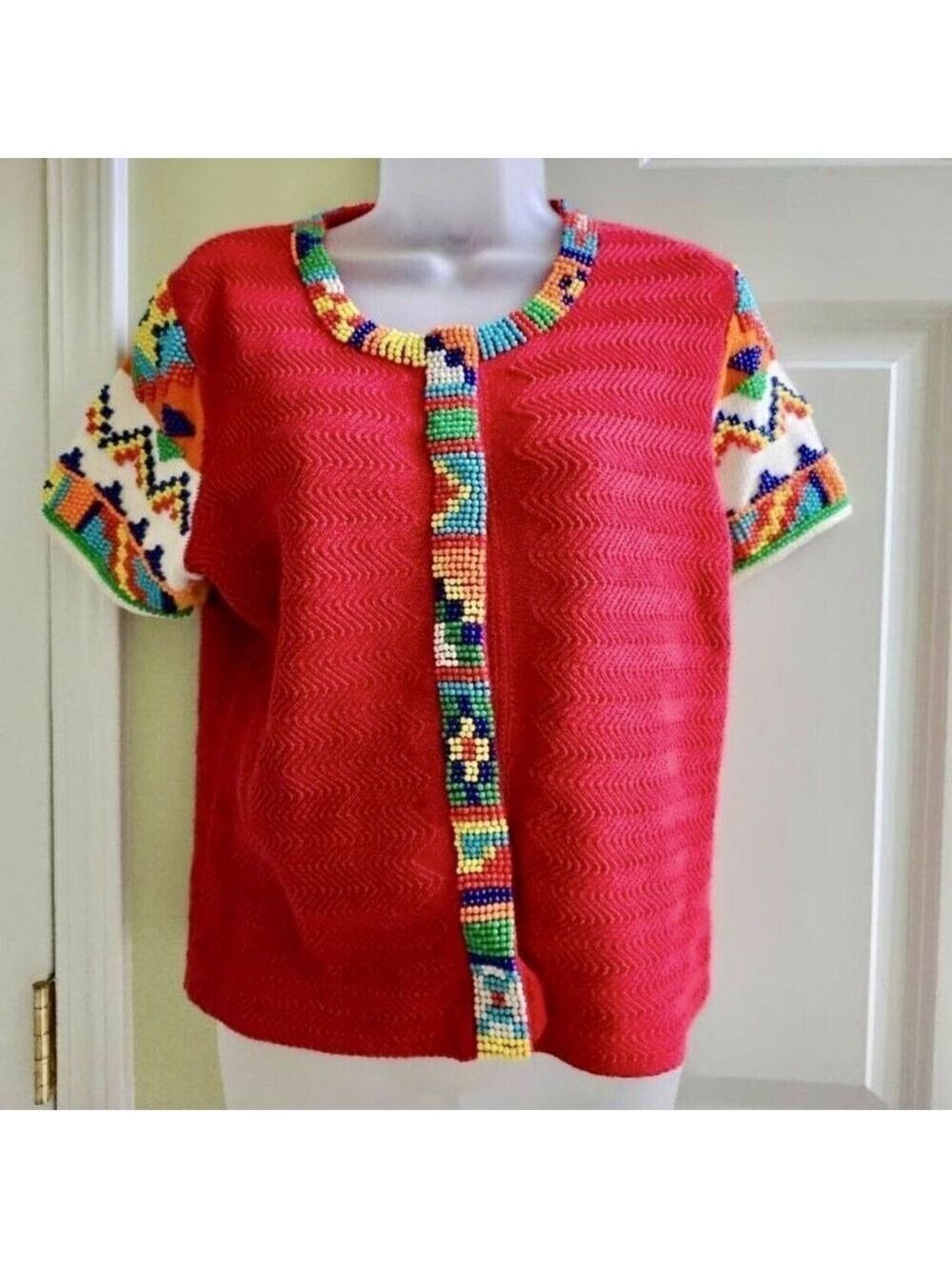 Michael Simon Sweater Red Aztec Whimsy Novelty Beaded Medium
